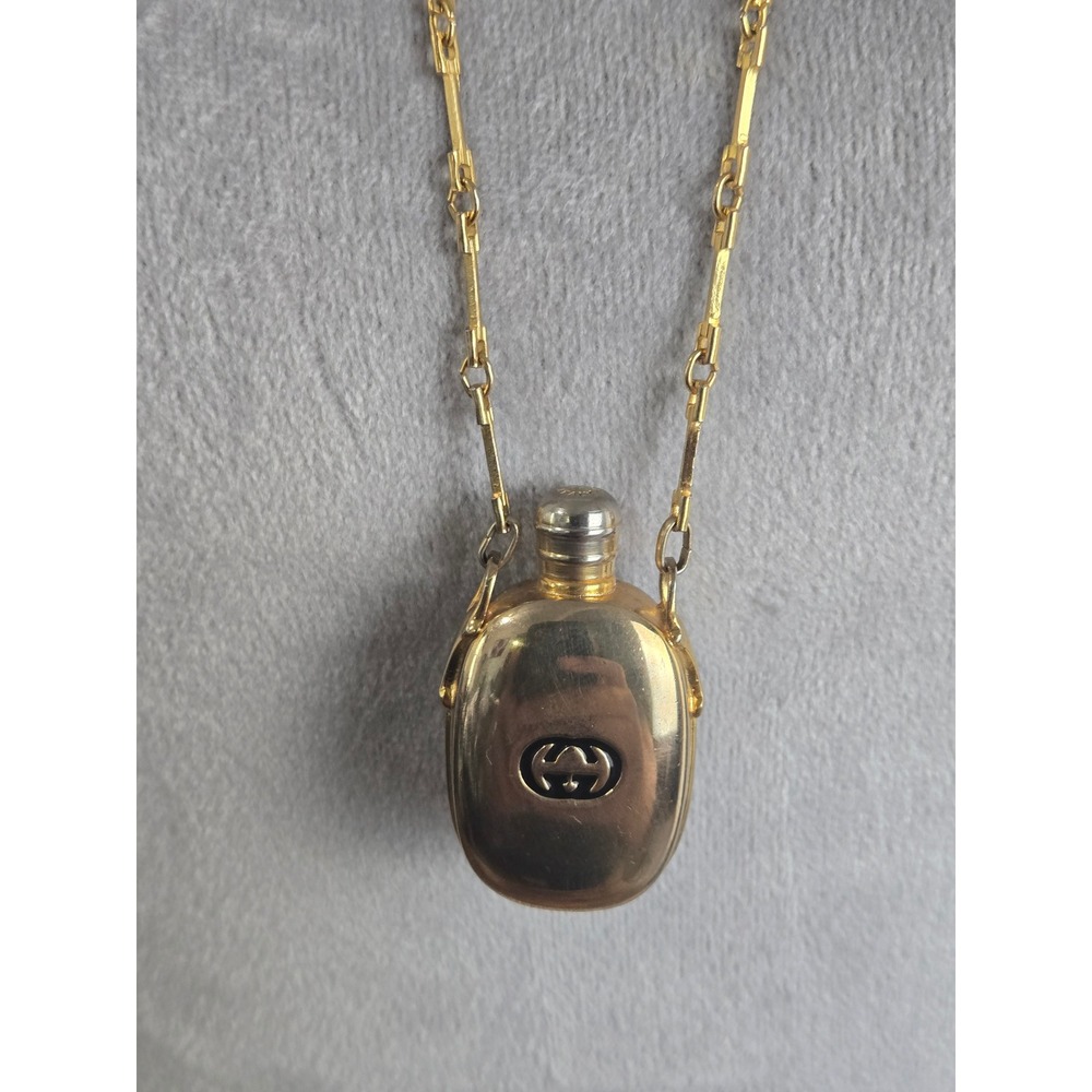 Gucci Vintage Perfume Bottle Necklace Gold Tone Interlocking GG Logo Long Chain